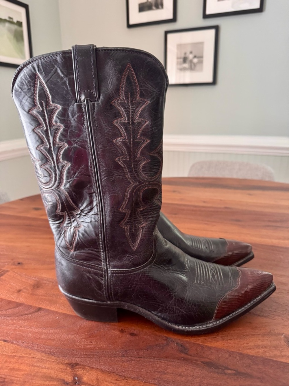VINTAGE Code West USA Cowboy Boots Mens Size 10D Black Cherry Tip Leather PullOn
